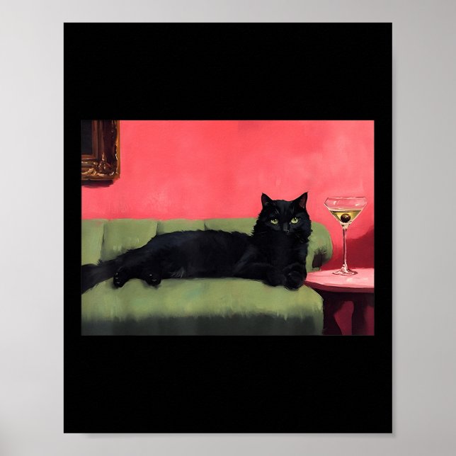 Black Cat With Martini Art Print  (Front)