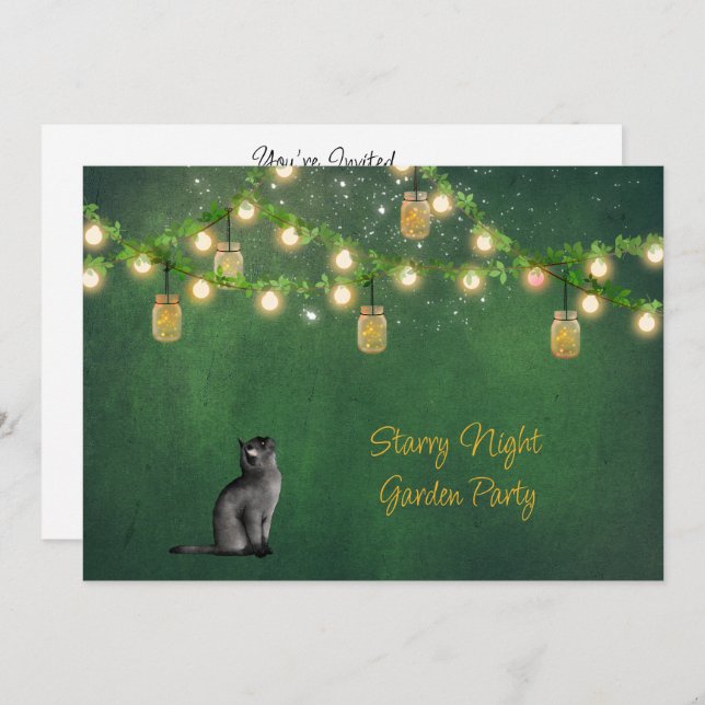 Black Cat with Mason Jars and Fireflies Invitation (Front/Back)