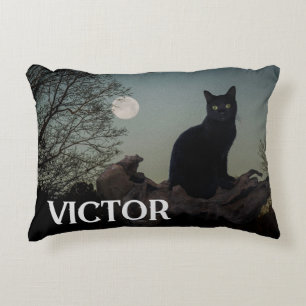 Black Cat With Moon on Tree Limb Custom Name Decorative Cushion