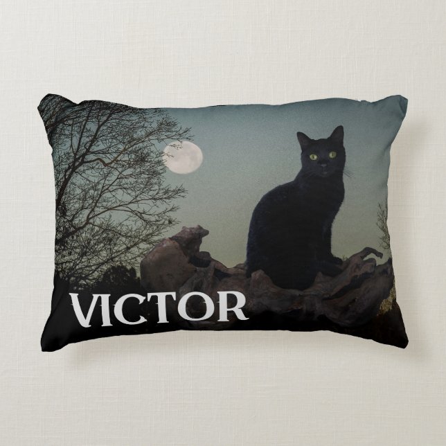 Black Cat With Moon on Tree Limb Custom Name Decorative Cushion (Front)