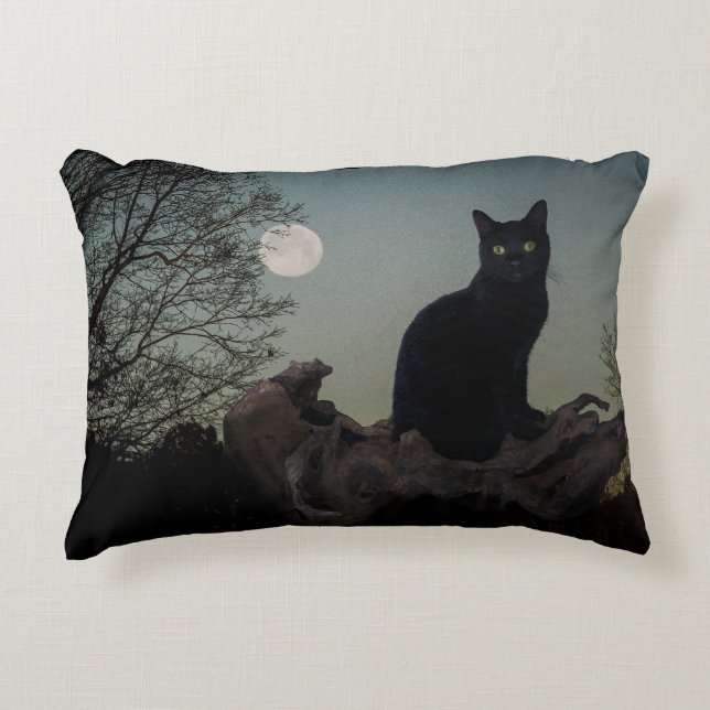 Black Cat With Moon on Tree Limb Decorative Cushion (Front)