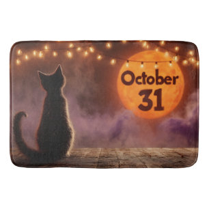 Black Cat with "October 31" Halloween Moon Bath Mat