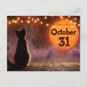 Black Cat with "October 31" Halloween Moon Holiday Postcard