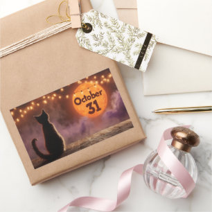 Black Cat with "October 31" Halloween Moon Rectangular Sticker