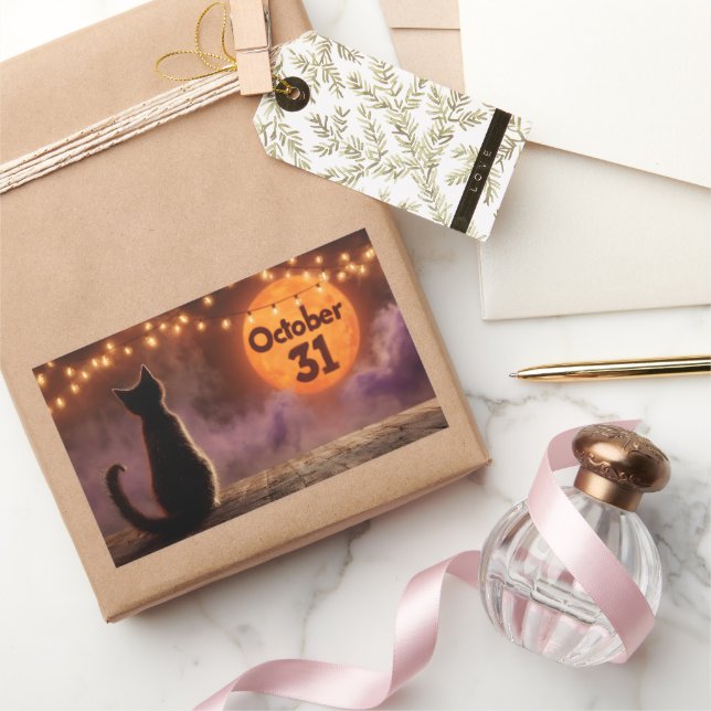 Black Cat with "October 31" Halloween Moon Rectangular Sticker (Gifting)