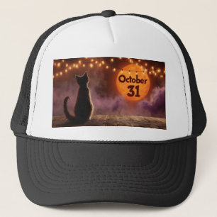 Black Cat with "October 31" Halloween Moon Trucker Hat