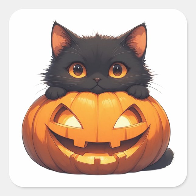Black Cat With Orange Pumpkin Display Square Sticker (Front)