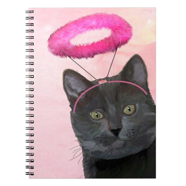 Black Cat With Pink Angel Halo Notebook (Front)