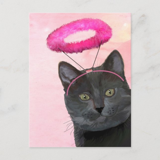 Black Cat With Pink Angel Halo Postcard (Front)