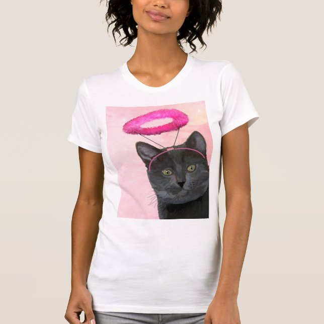 Black Cat With Pink Angel Halo T-Shirt (Front)