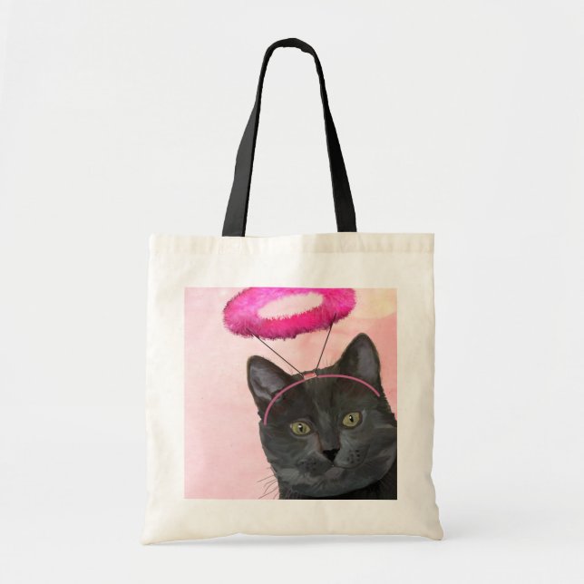 Black Cat With Pink Angel Halo Tote Bag (Front)