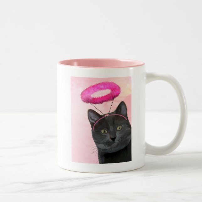 Black Cat With Pink Angel Halo Two-Tone Coffee Mug (Right)