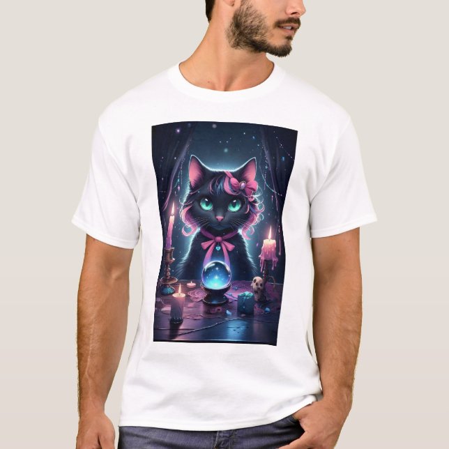 Black Cat With Pink Ribbon Fortune Teller T-Shirt (Front)