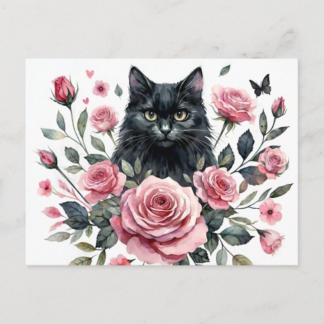 Black Cat with Pink Roses Watercolor Postcard  (Front)