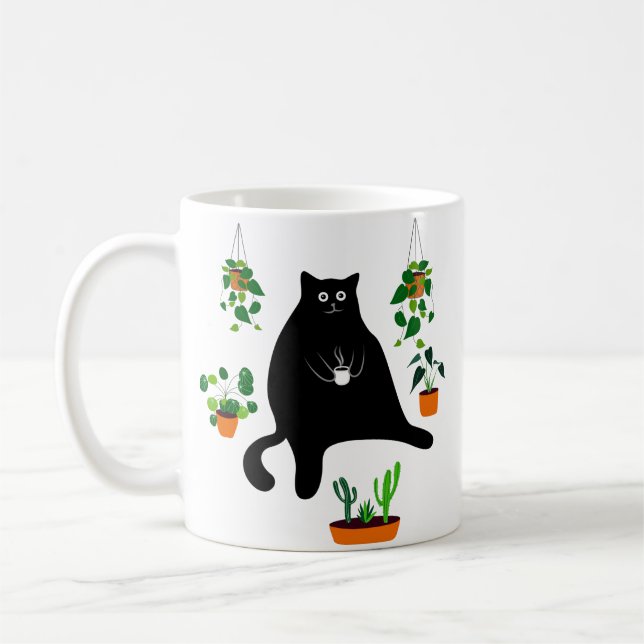 Black Cat With Plants, Funny Black Cat Gift Coffee Mug (Left)