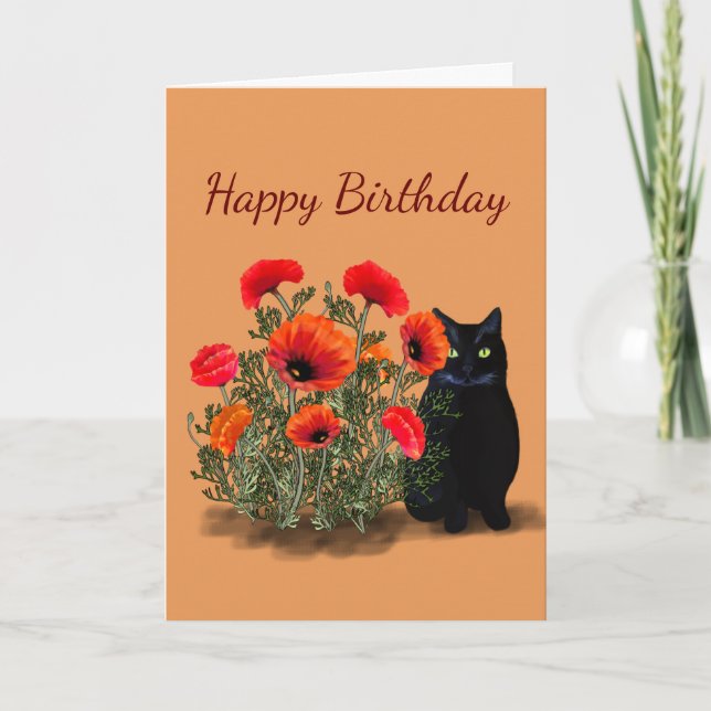 Black Cat with Poppies Birthday Card (Front)