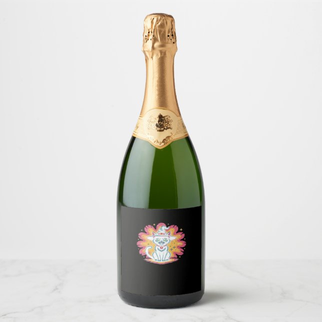 Black Cat with Psychedelic Flower Oversized T-Shir Sparkling Wine Label (Front)