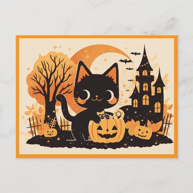 Black Cat with Pumpkin Candy Bucket Holiday Postcard (Front)