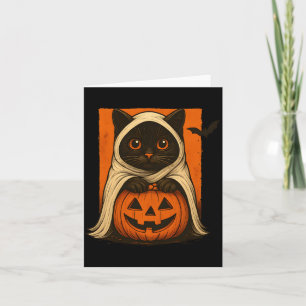 Black Cat With Pumpkin Ghost Costume Cute Card