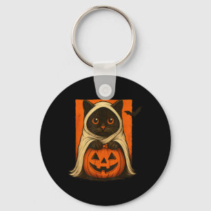 Black Cat With Pumpkin Ghost Costume Cute Key Ring