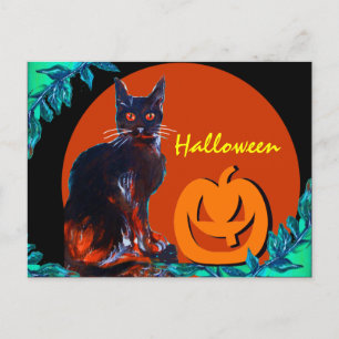 BLACK CAT WITH PUMPKIN  HALLOWEEN PARTY HOLIDAY POSTCARD