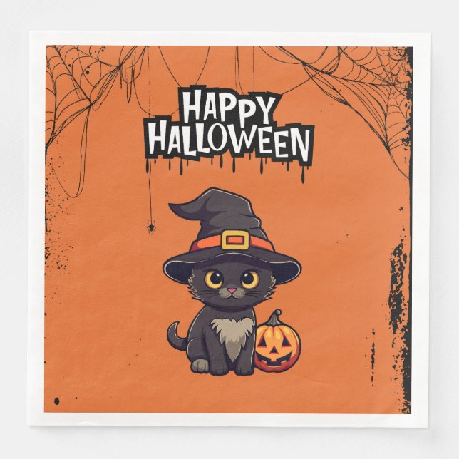 Black Cat With Pumpkin Jack O' Lantern Napkin (Front)