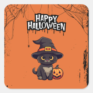 Black Cat With Pumpkin Jack O' Lantern Square Sticker