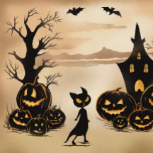 Black Cat with Pumpkins at Twilight