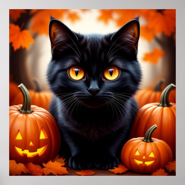 Black Cat With Pumpkins For Fall Decorating 🍁 Poster (Front)