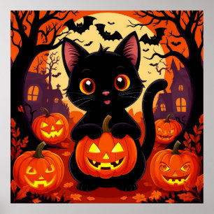Black Cat With Pumpkins Halloween Cute Spooky Poster