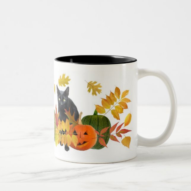 Black Cat with Pumpkins Two-Tone Coffee Mug (Right)