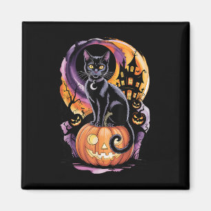 Black Cat With Pumpkins Under Full Moon On Hallowe Magnet