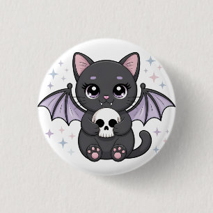 Black Cat with Purple Bat Wings Hugging a Skull 3 Cm Round Badge
