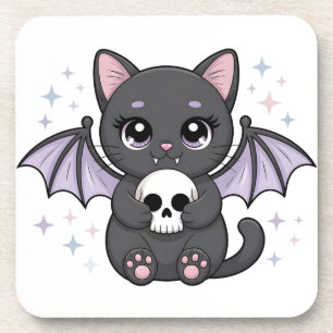 Black Cat with Purple Bat Wings Hugging a Skull Coaster
