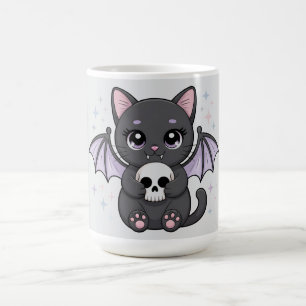 Black Cat with Purple Bat Wings Hugging a Skull Coffee Mug
