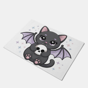 Black Cat with Purple Bat Wings Hugging a Skull Doormat