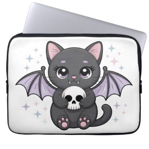 Black Cat with Purple Bat Wings Hugging a Skull Laptop Sleeve