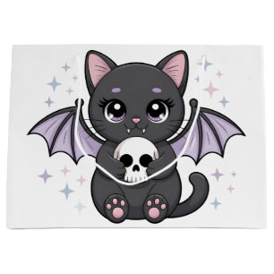 Black Cat with Purple Bat Wings Hugging a Skull Large Gift Bag