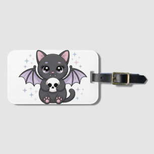 Black Cat with Purple Bat Wings Hugging a Skull Luggage Tag