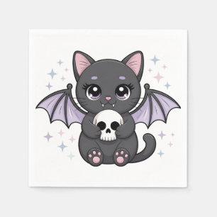 Black Cat with Purple Bat Wings Hugging a Skull Napkin