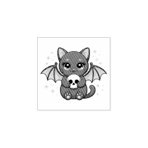 Black Cat with Purple Bat Wings Hugging a Skull Rubber Stamp