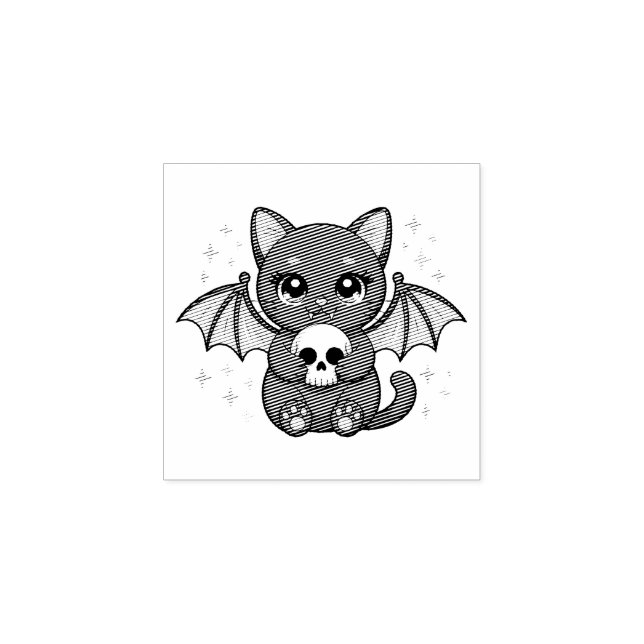 Black Cat with Purple Bat Wings Hugging a Skull Rubber Stamp (Imprint)