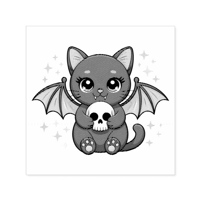 Black Cat with Purple Bat Wings Hugging a Skull Self-inking Stamp (Design)