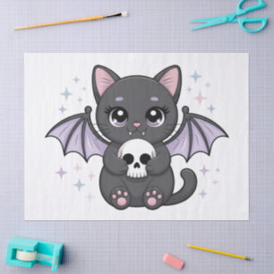 Black Cat with Purple Bat Wings Hugging a Skull Tissue Paper