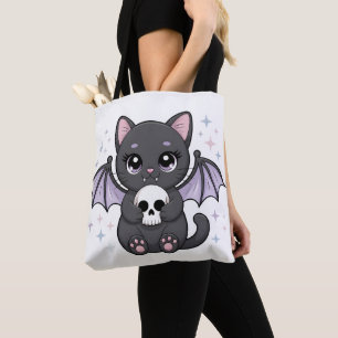 Black Cat with Purple Bat Wings Hugging a Skull Tote Bag