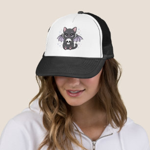 Black Cat with Purple Bat Wings Hugging a Skull Trucker Hat