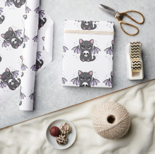Black Cat with Purple Bat Wings Hugging a Skull Wrapping Paper