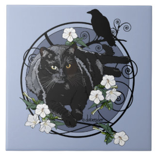 Black Cat with Raven Ceramic Tile