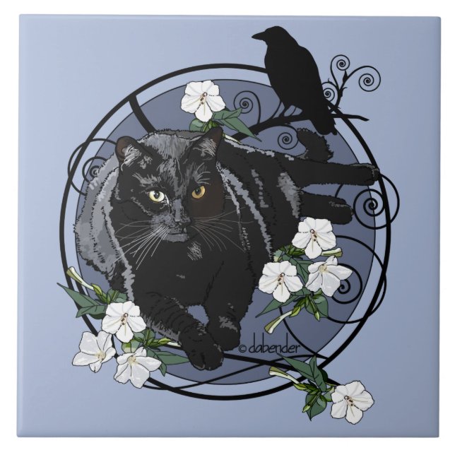 Black Cat with Raven Ceramic Tile (Front)