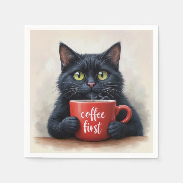 Black Cat With Red Coffee Mug Napkin (Front)